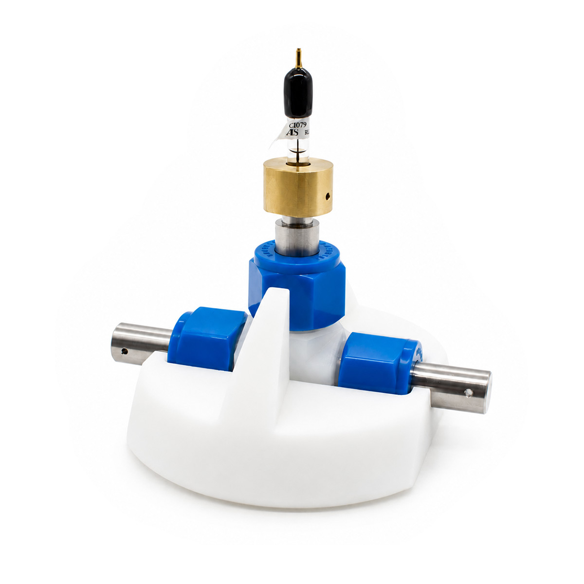 Reusable 1/2-inch PFA three-electrode battery test cell with removable reference electrode and support stand