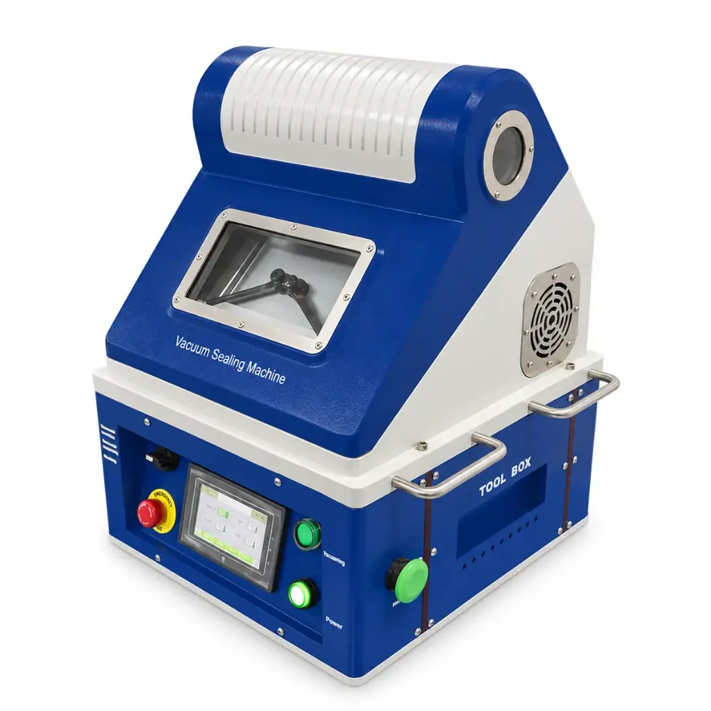 S4R four-function vacuum pouch cell sealer, three-quarter view